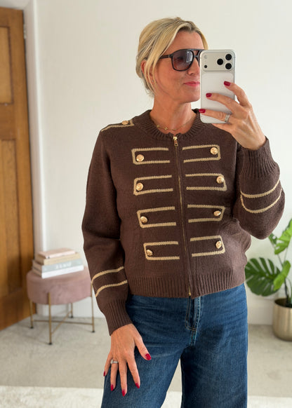 Chocolate Military Zip Front Knitted Cardi