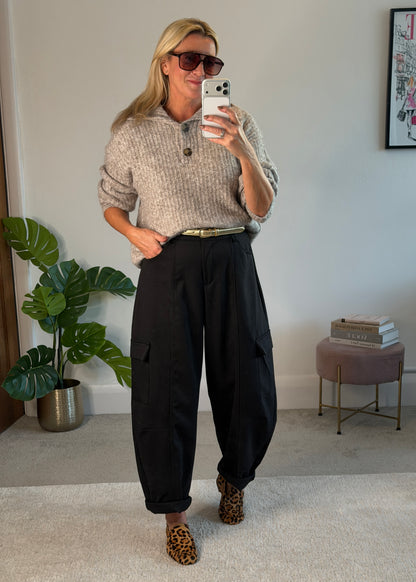Black Barrel Leg Cargo Trousers
