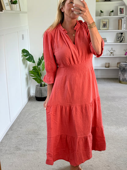 Coral Cotton Cheesecloth V-Neck Tiered Dress