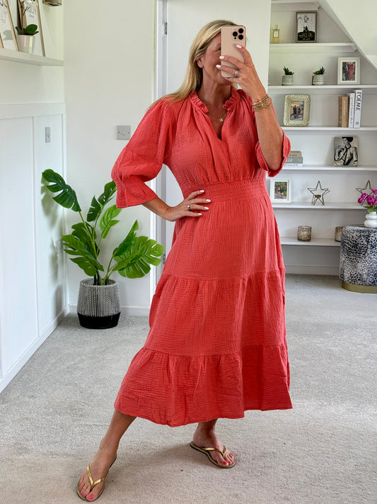 Coral Cotton Cheesecloth V-Neck Tiered Dress