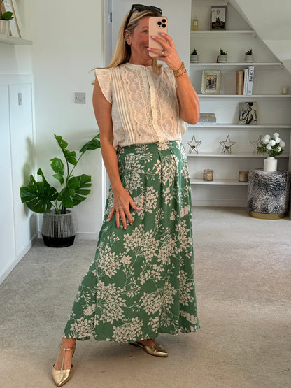 Sage/Oatmeal Botanical Floral Midi Skirt