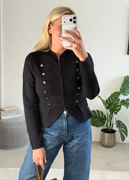 Black Military Button Zip Knit Jacket