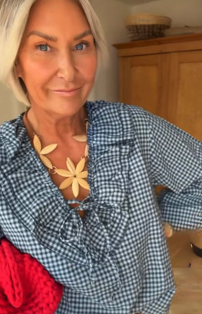 Navy Gingham Ruffle Blouse