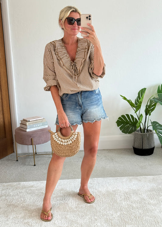 Coffee Gingham Ruffle Blouse