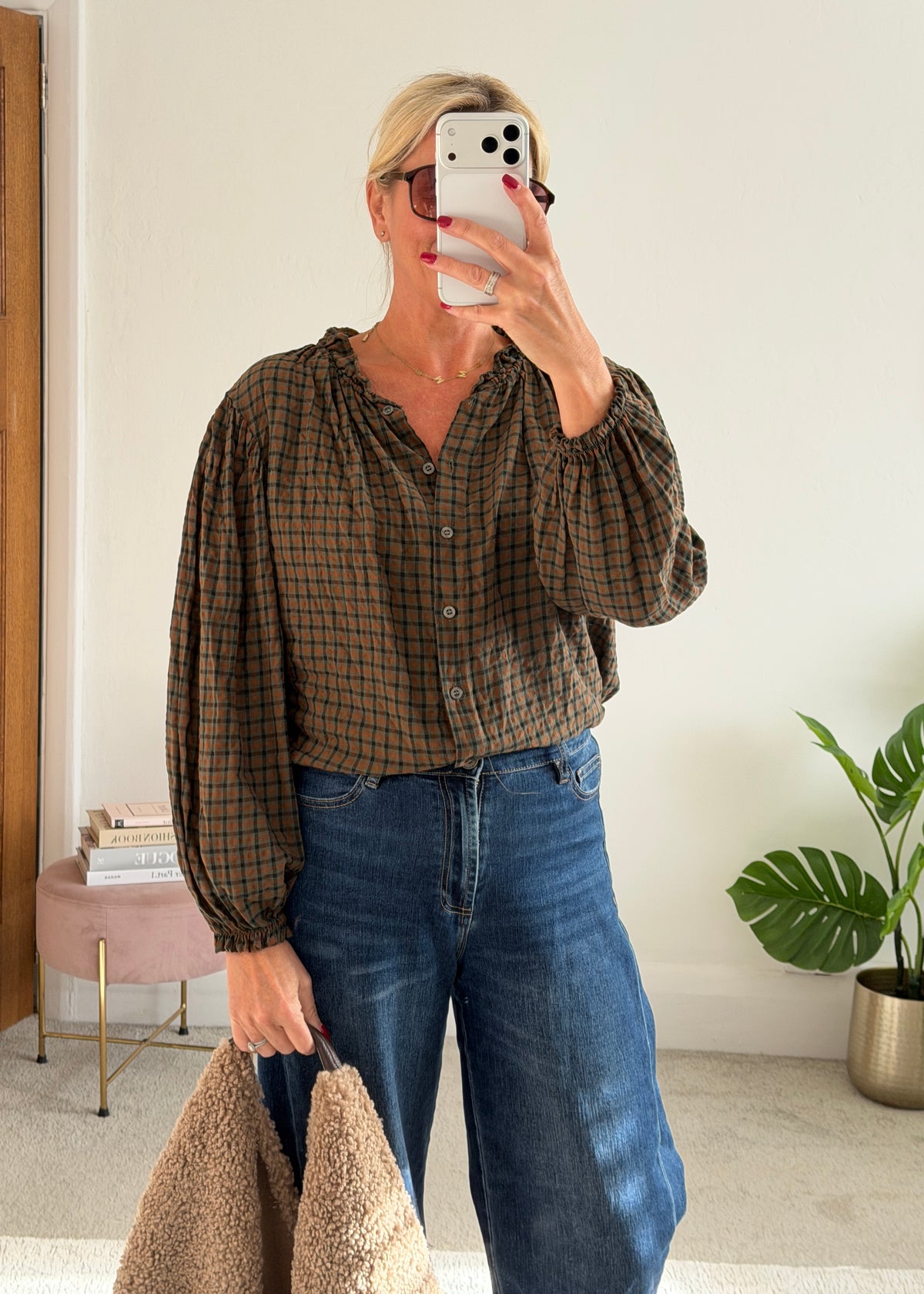 Khaki Heritage Check Frill Collar Blouse