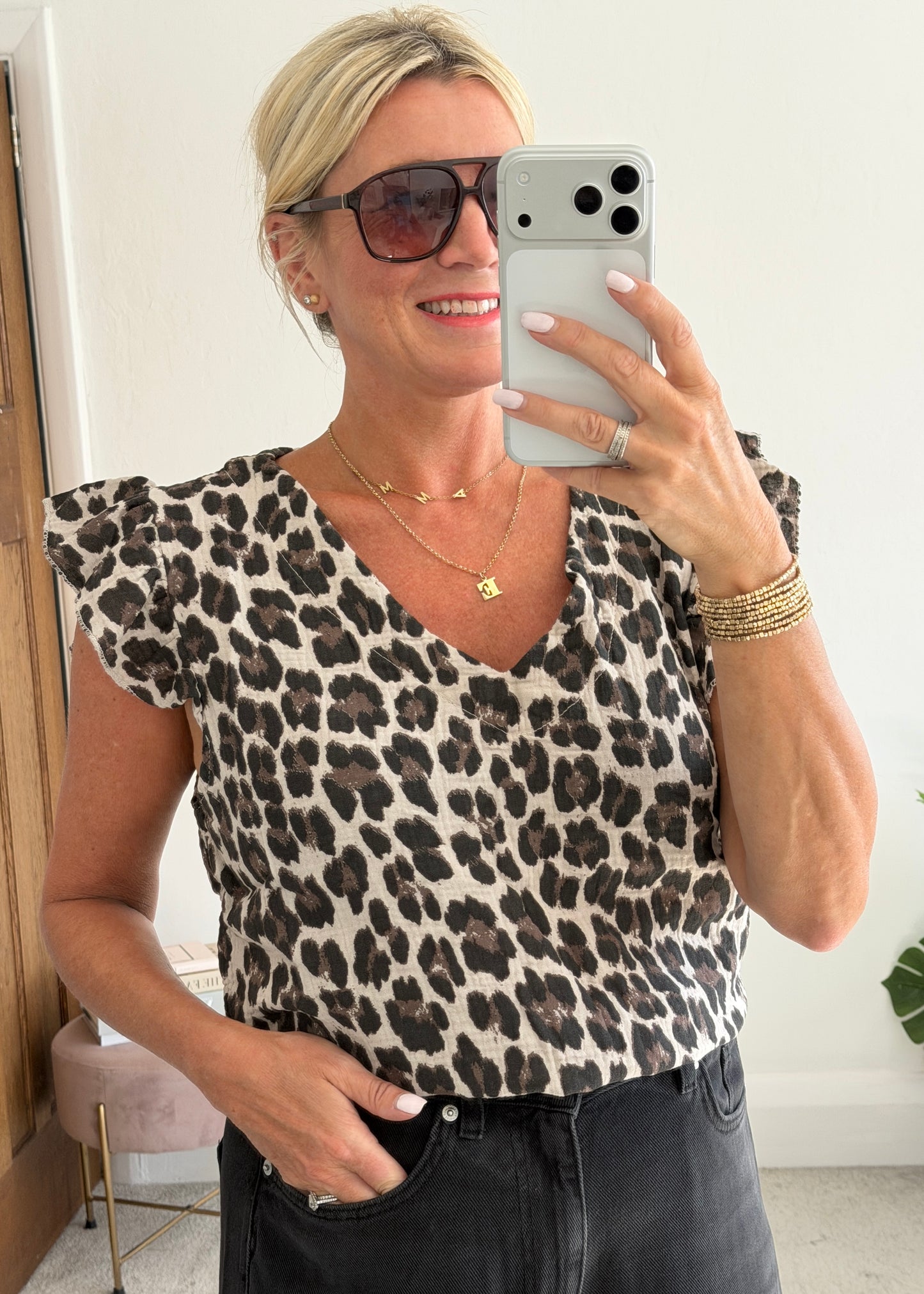 Leopard Print V Neck Cheesecloth Top