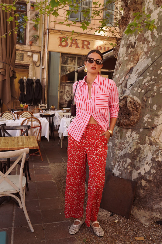 Red Ditsy Floral Trousers
