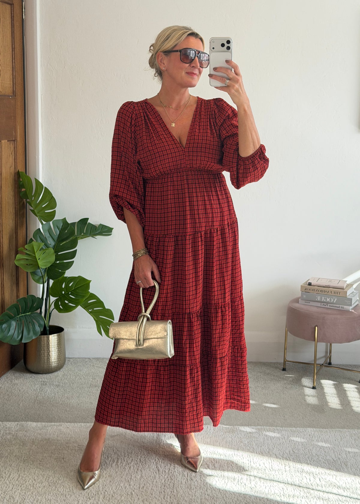 Red Heritage Check V-Neck Tiered Dress