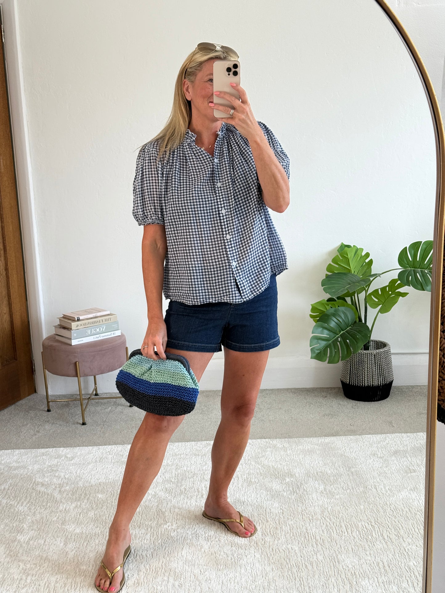 Navy/White Gingham Puff Sleeve Blouse