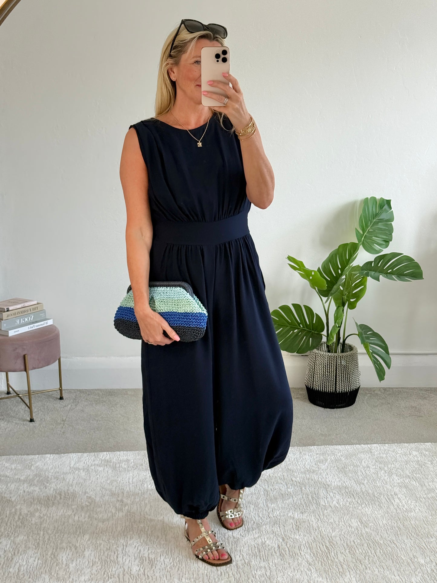 Navy Elasticated Sleeveless Harem Jumpsuit