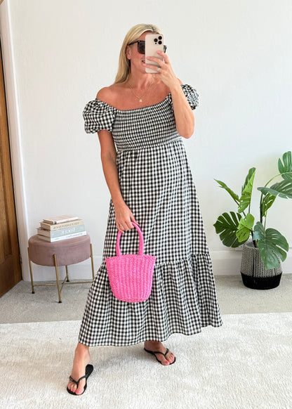 Black/White Gingham Bardot Maxi Dress