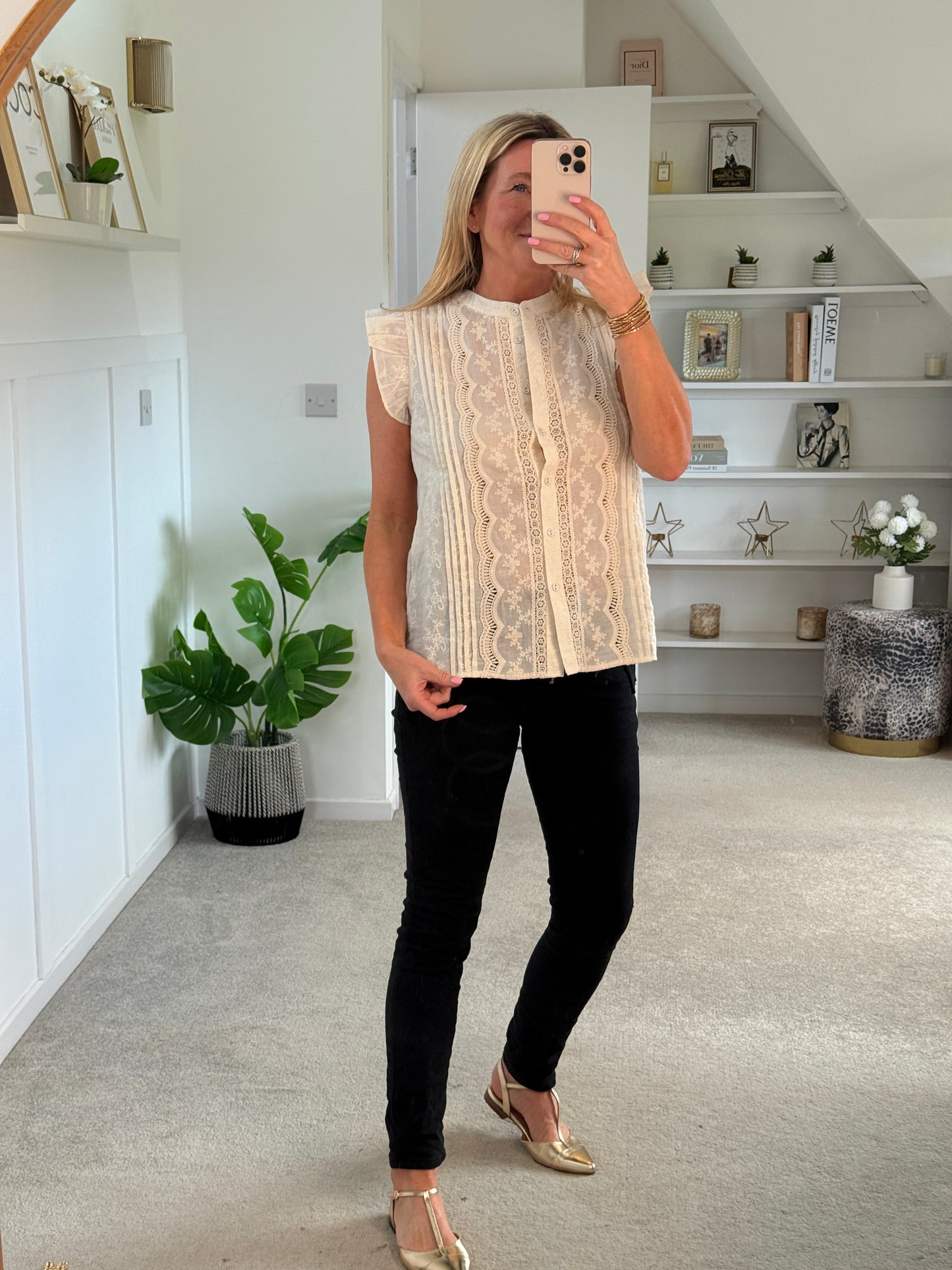 Oatmeal Frill Sleeve Lace Embroidered Blouse