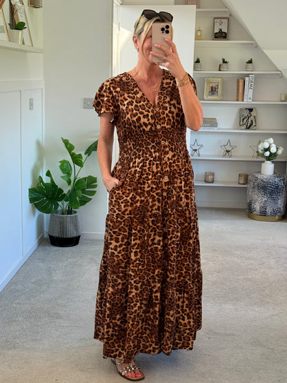 Tan Leopard V Neck Tiered Maxi Dress