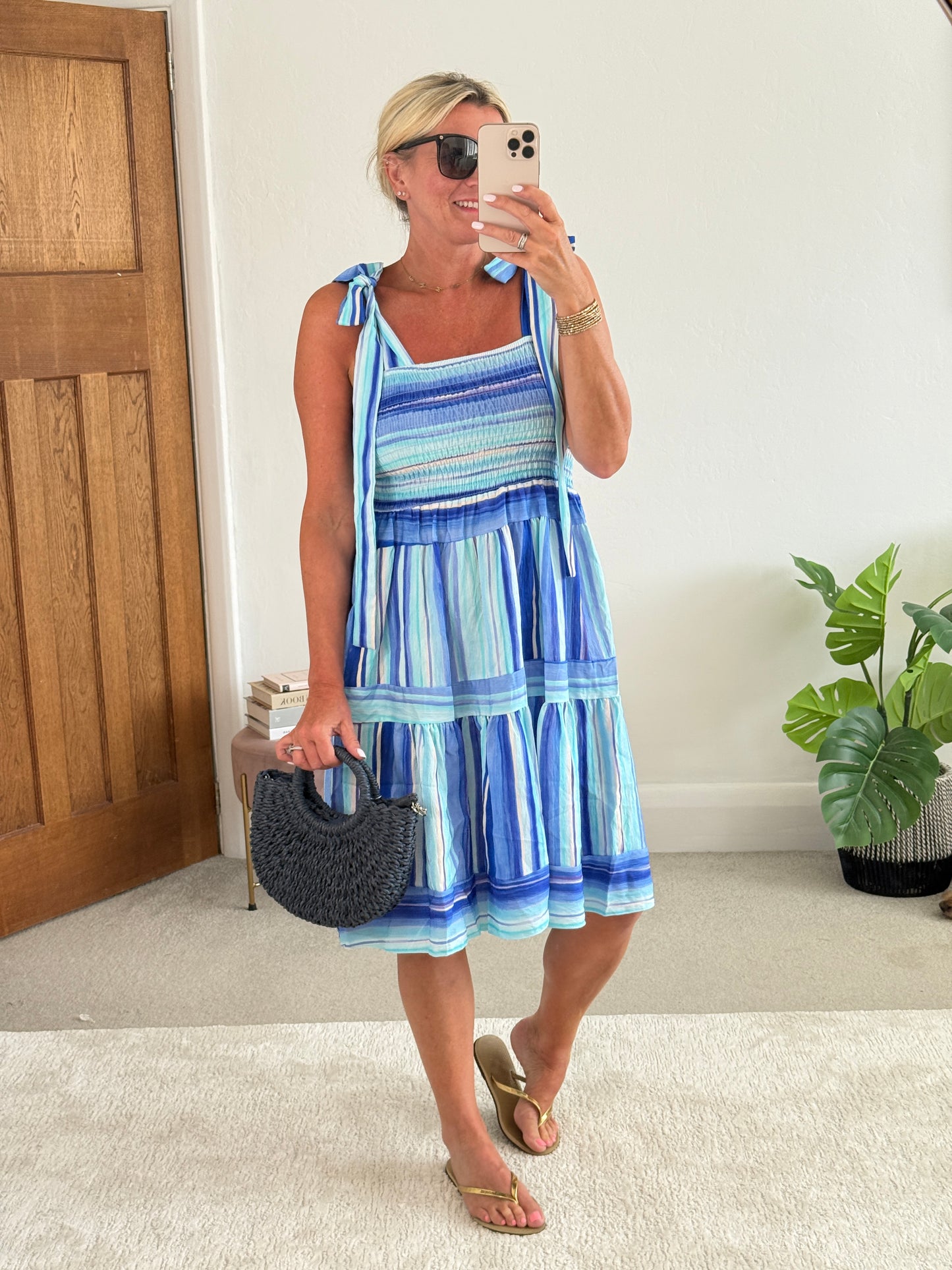 Turquoise Striped Shirred Dress