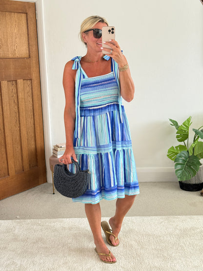 Turquoise Striped Shirred Dress