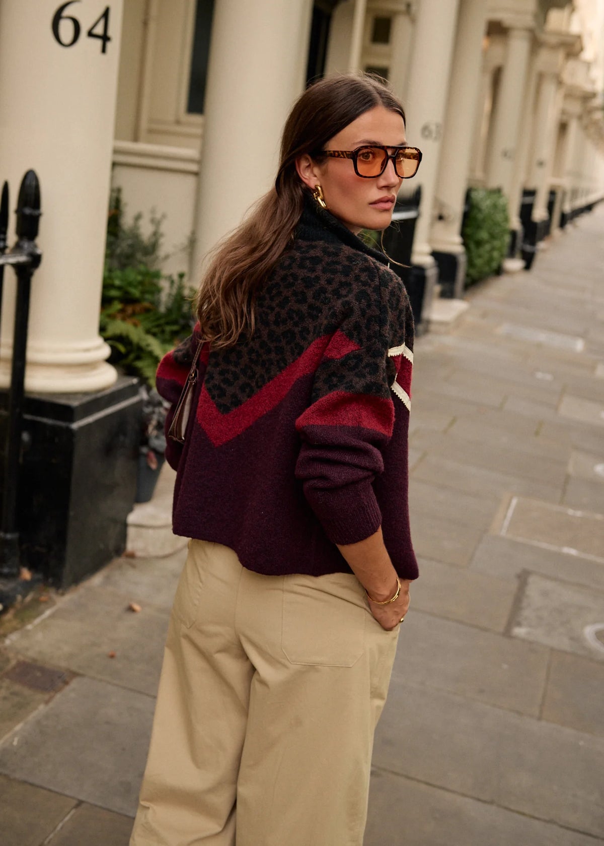 Leopard Chevron Zip Front Knitted Cardigan