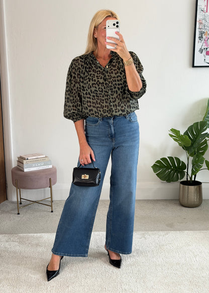 Khaki Leopard 3/4 Puff Sleeve Blouse