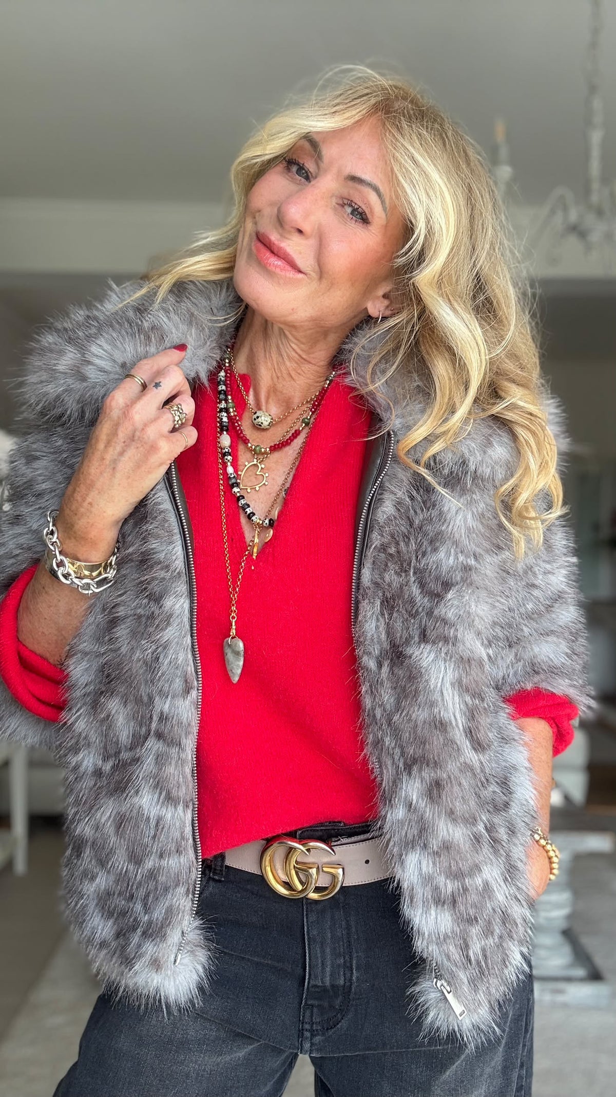 Lila Grey Leopard Faux Fur Jacket