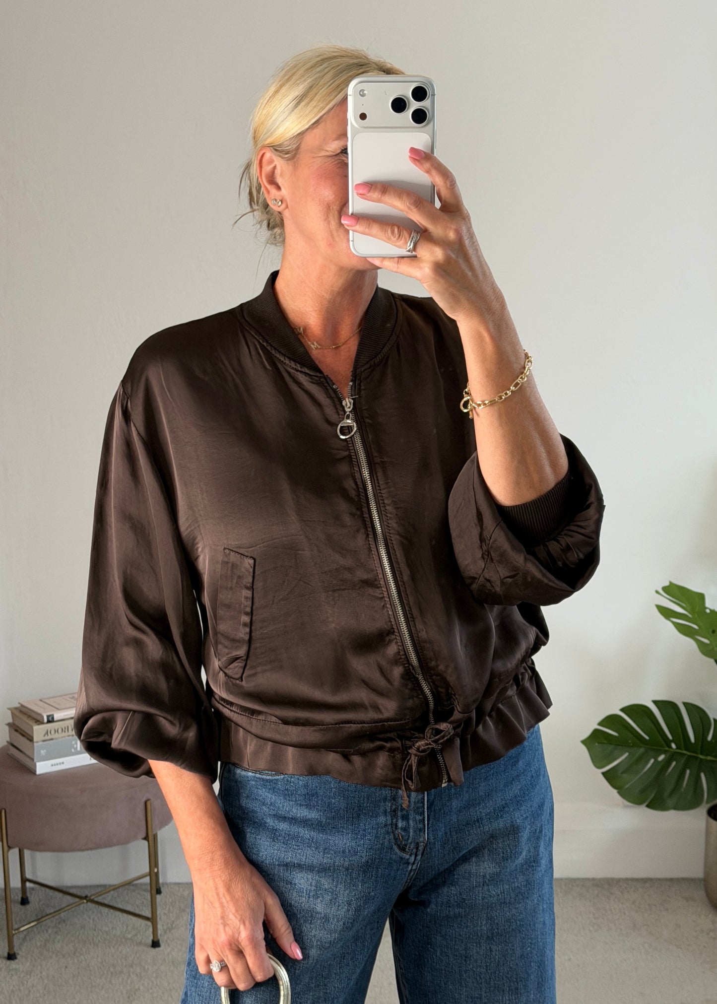 Chocolate Satin Drawstring Bomber Jacket