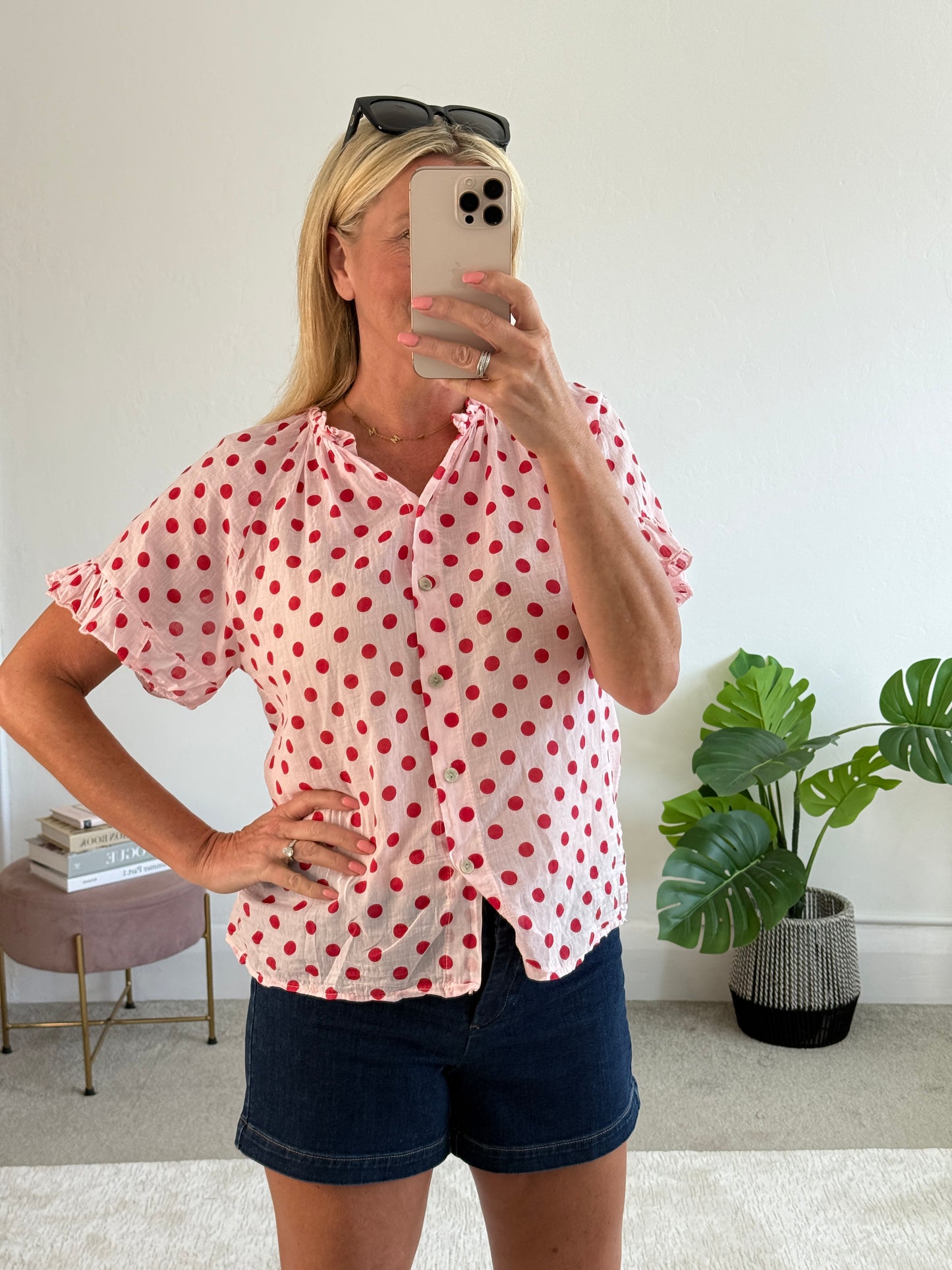 Red/Pink Polka Dot Frill Sleeve Blouse