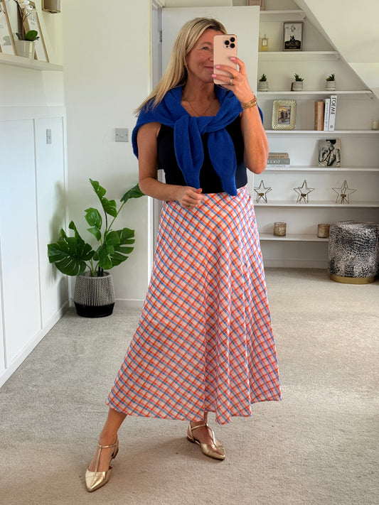 Orange/Blue Retro Check Flared Midi Skirt