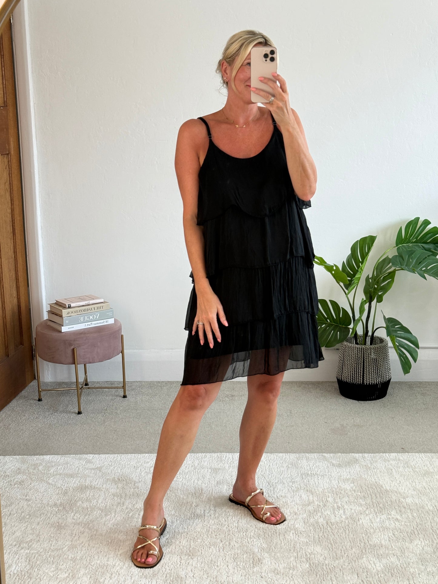 Black Silk Mix Strappy Frill Dress