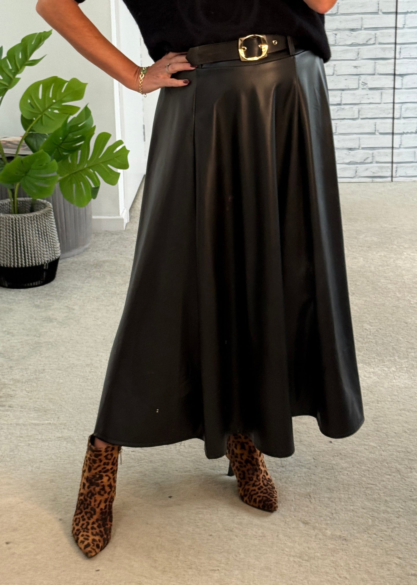 Black Pleather Midi Skirt