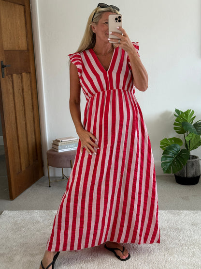 Pink/Red Stripe Cheesecloth Frill Sleeve Maxi Dress