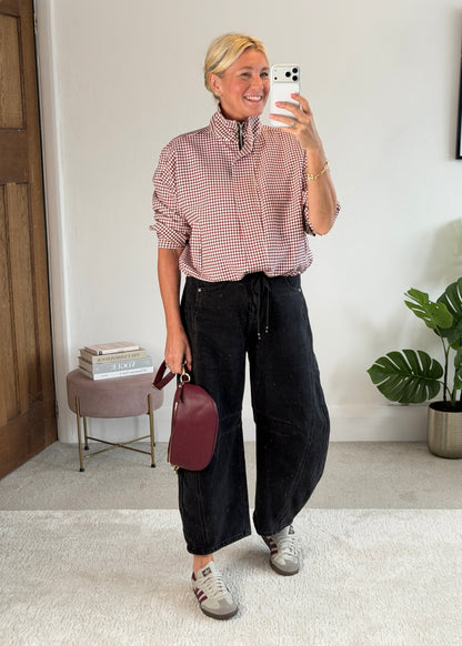 Burgundy Check Funnel Neck Jacket