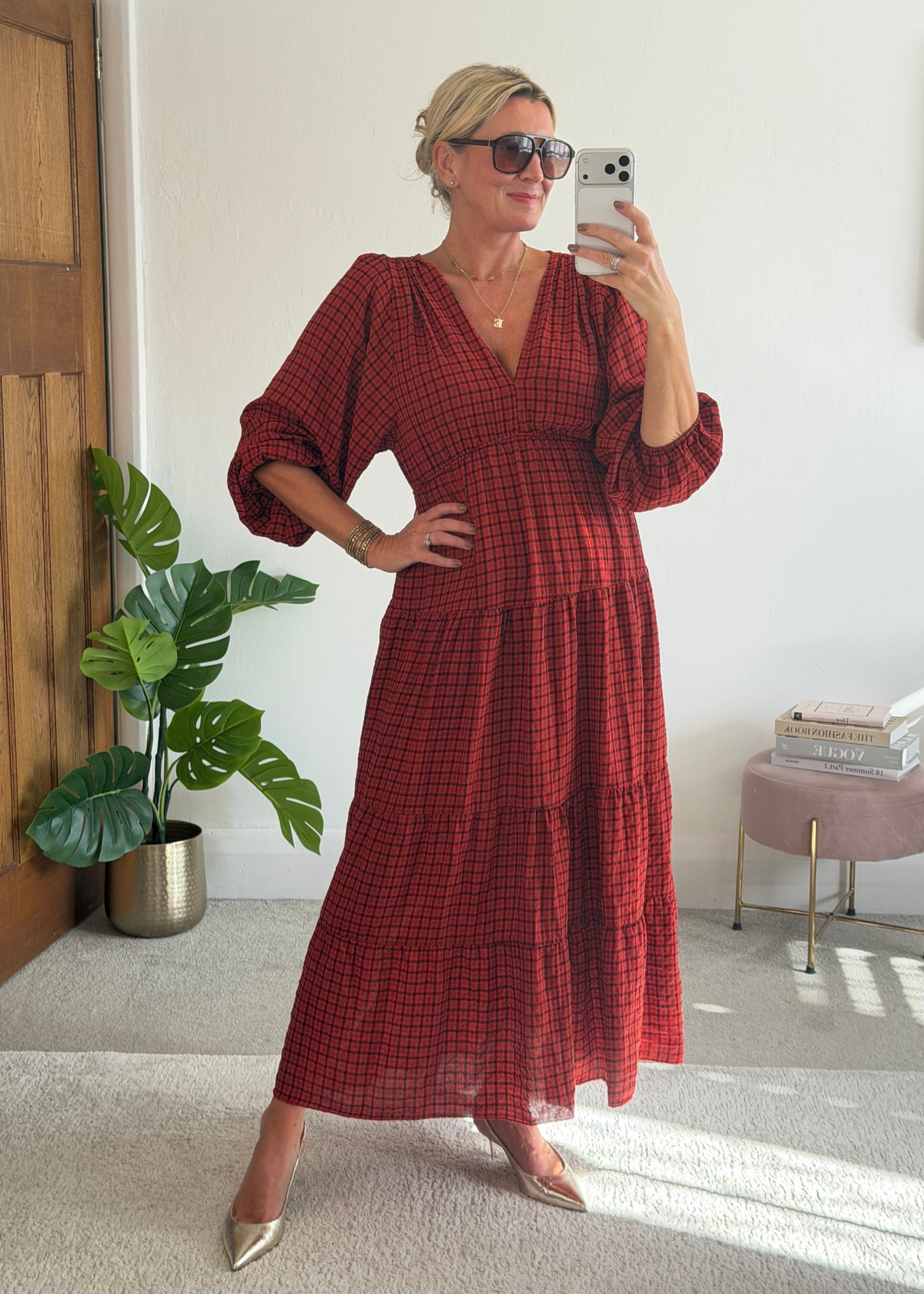 Red Heritage Check V-Neck Tiered Dress