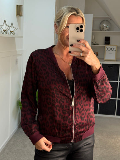 Burgundy Leopard Silk Mix Bomber Jacket