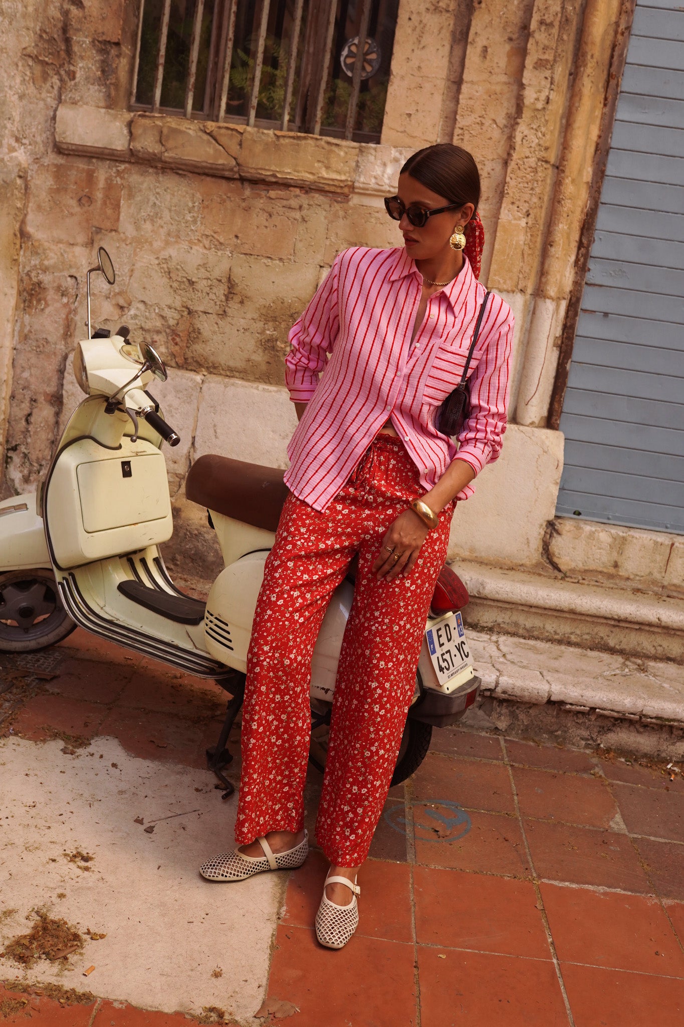 Red Ditsy Floral Trousers