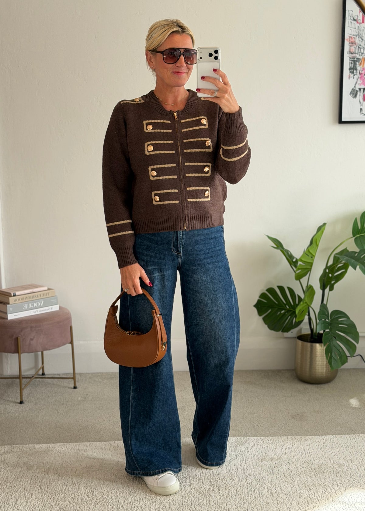 Chocolate Military Zip Front Knitted Cardi