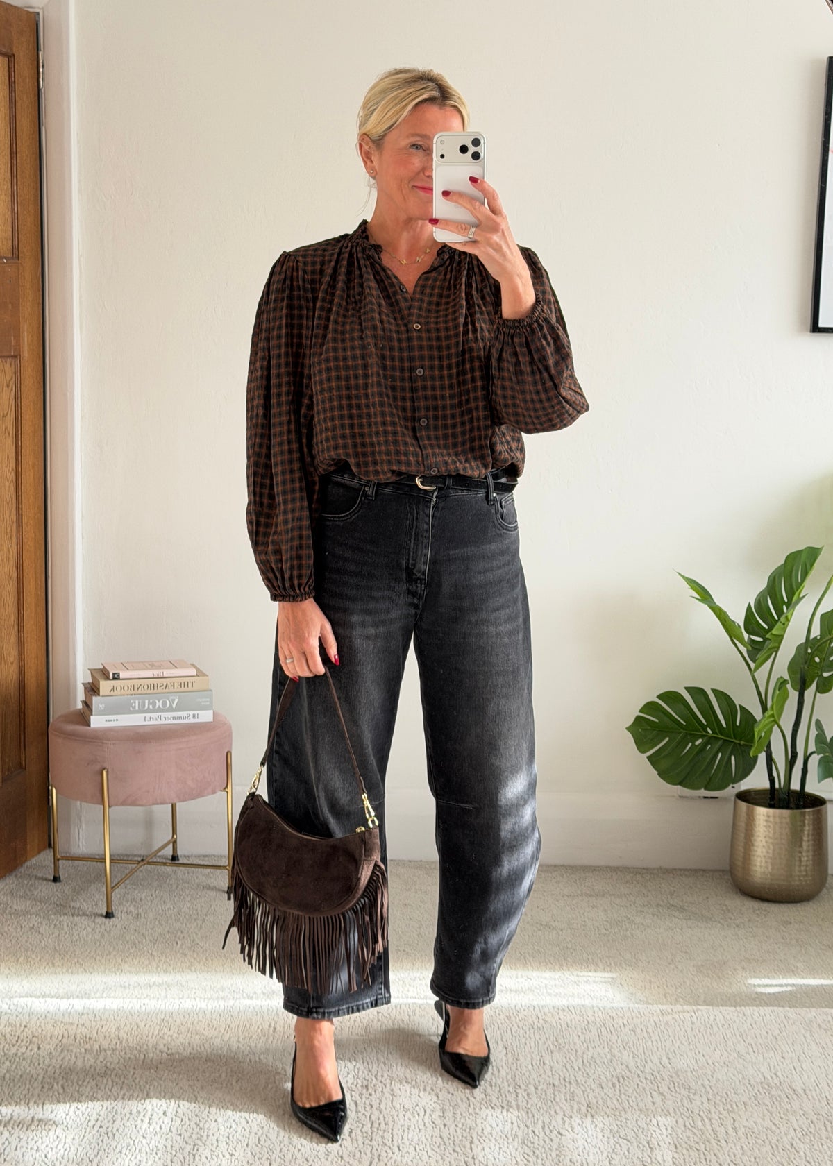 Black Heritage Check Frill Collar Blouse