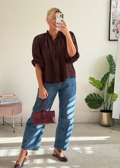 Burgundy Heritage Check Frill Collar Blouse