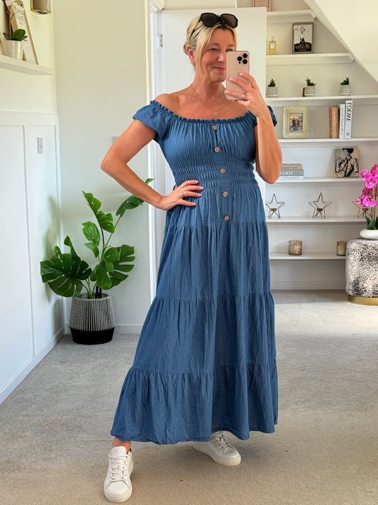 Blue Denim Bardot Tiered Maxi Dress