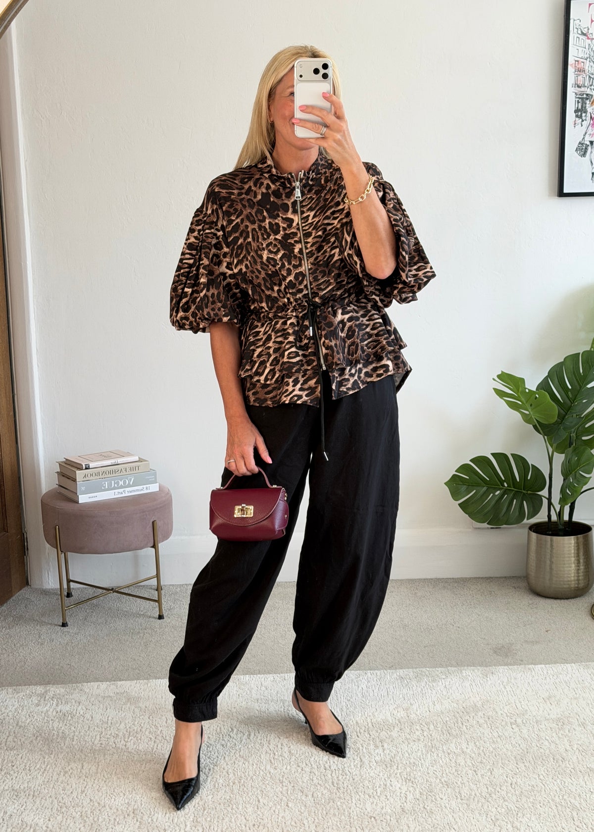 Leopard Balloon Sleeve Peplum Jacket