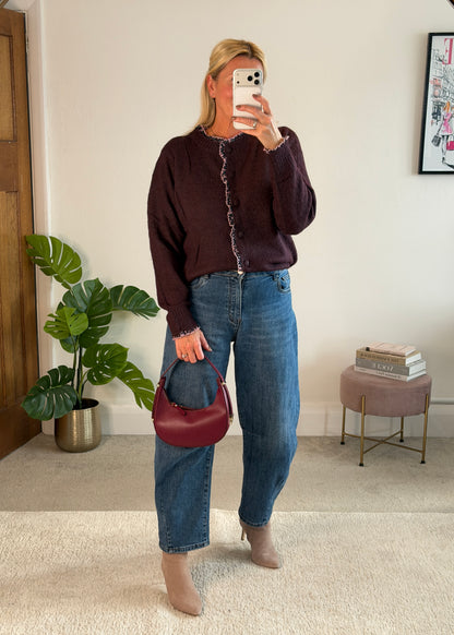 Plum/Pink Floral Frill Trim Cardigan