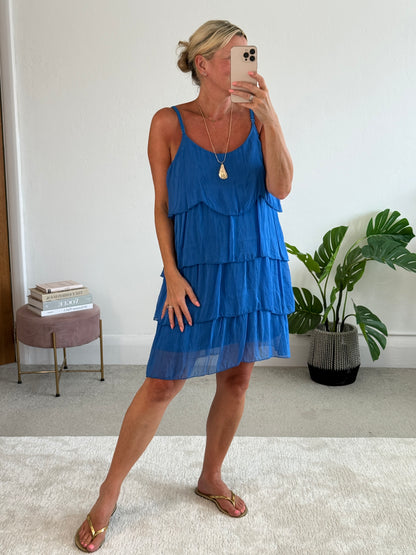 Cobalt Silk Mix Strappy Frill Dress