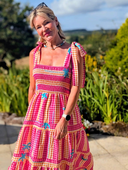 Pink/Orange Gingham/Palm Shirred Maxi Dress