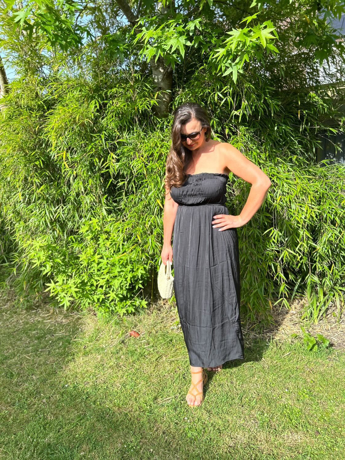 Black Strapless Shirred Dress