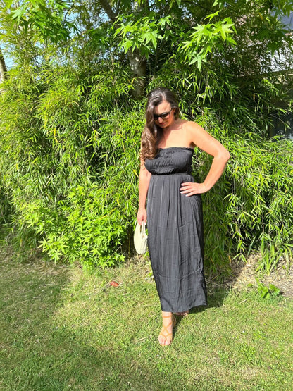 Black Strapless Shirred Dress