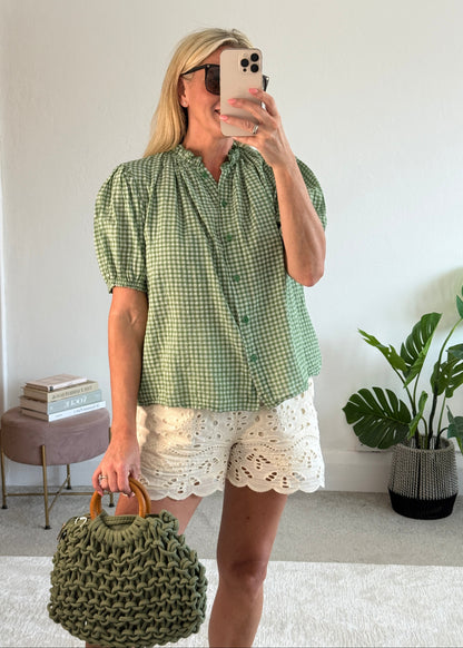 Khaki Gingham Frill Sleeve Blouse