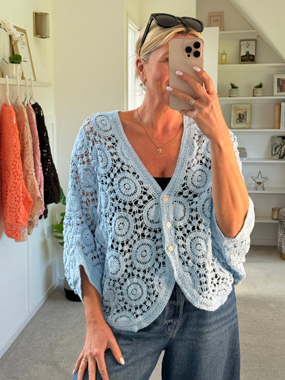 Baby Blue Circle Design Crochet Cardigan