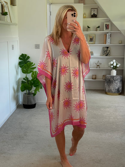 Lemon/Pink Sun Print Floaty Kaftan Dress