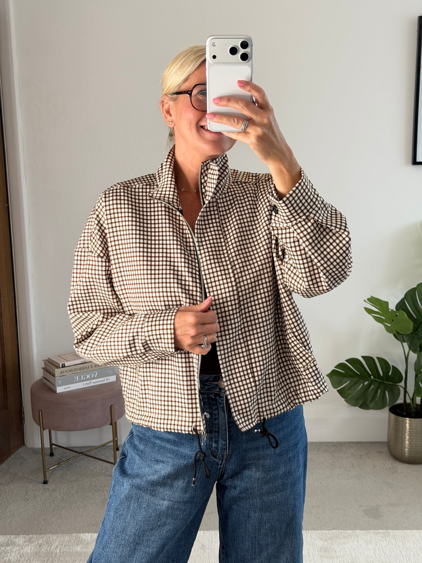 Chocolate Check Funnel Neck Jacket