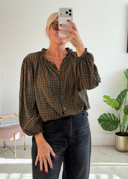Khaki Heritage Check Frill Collar Blouse
