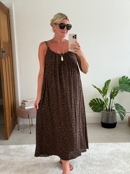 Chocolate Plaited Strap Leopard Maxi Dress 🐆