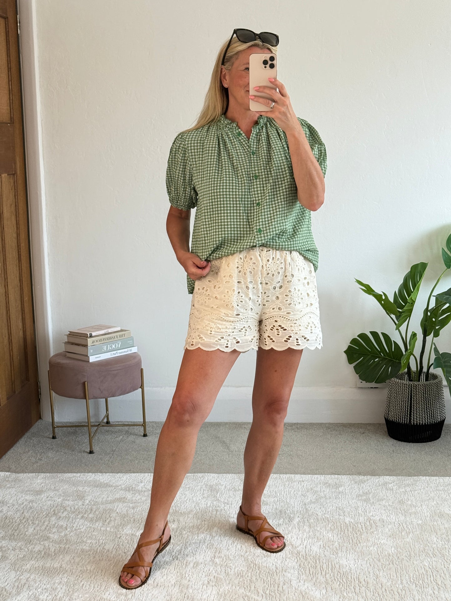 Khaki Gingham Frill Sleeve Blouse