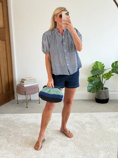 Navy/White Gingham Puff Sleeve Blouse